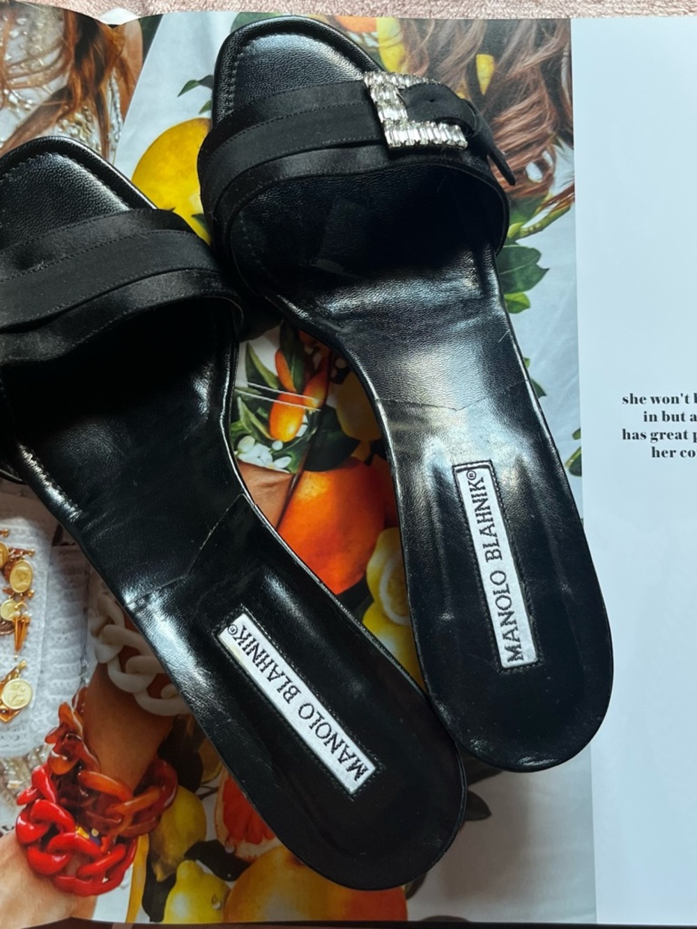 Manolo Blahnik Black Satin Slide Mules with Crystal Buckle
